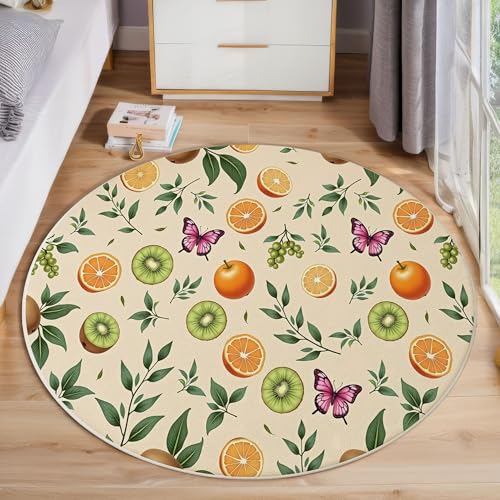 Tapis de chambre lavable en machine beige clair rond 100cm imprimé nature