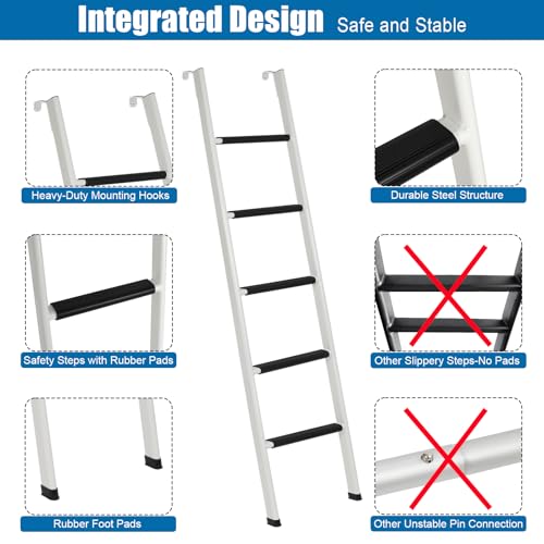 Image of Anti-Slip RV Bunk Ladder, 72in Integrated Heavy Duty Steel, White | Camper Bunk Bed Ladder with Anti-Slip Rubber Foot Pads and Hooks