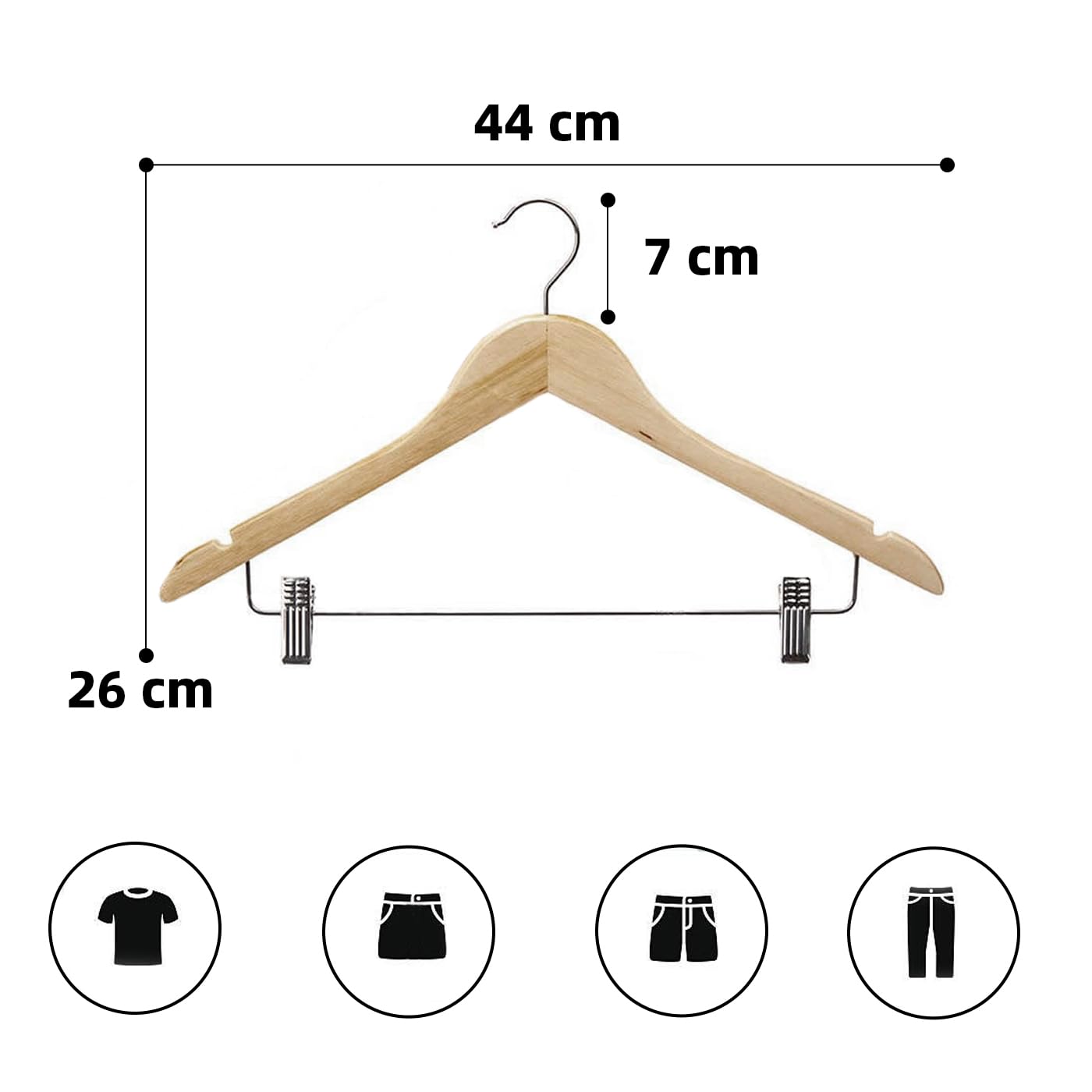 ACCRUX- Perchas de Madera con Pinzas de Metal, Madera Natural con Muescas Antideslizantes para Camisas, Trajes, Pantalones. Diseño Elegante y Ergonómico con Gancho de Acero Giratorio. (6 Unidades)