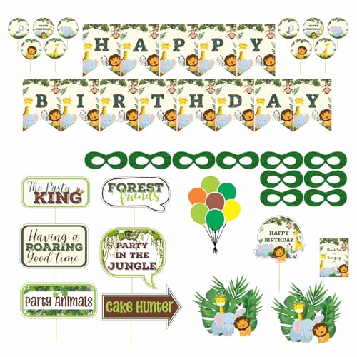 Party Bazaar Ready-To-Use Jungle Theme Birthday Combo Kit | Happy Birthday Banner, Thank You Cards, Eye Masks, Cutouts, Cake Toppers, Balloons, Props for Decorations (80 pcs)