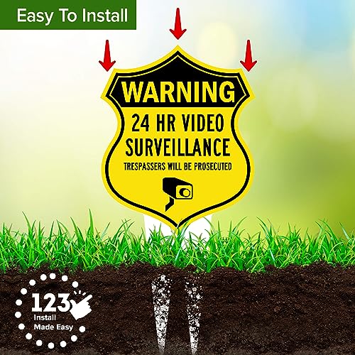 Image of Warning, 24 Hr Video Surveillance Sign, 9x17, Heavy Duty Integrated Ground Stakes, Indoor /Outdoor Use, Rust Free Aluminum Composite, Made in USA by My Sign center