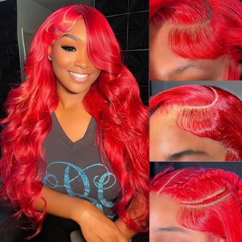 Image of Red Wig 13x4 Lace Front Wigs Human Hair Body Wave HD Transparent Lace Front Wigs Human Hair 22 Inch Pre Plucked Colored Red Glueless Lace Frontal Wigs Human Hair for Women