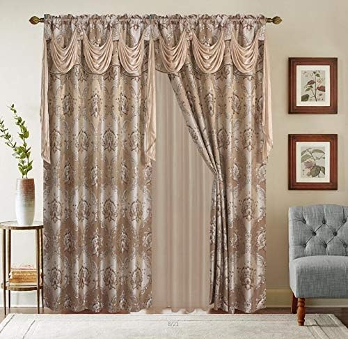 LinenTopia Classical Jacquard Window Drape Set, 2 Panels with Attached Valance + Sheer Backing, Fancy Victorian Style Damask Curtain Drape for Living Rooms, (Elsa, 84", Taupe)