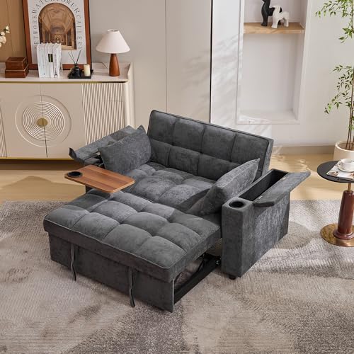 Sofá cama de 140,5 x 74 x 82 cm, sofá cama 3 en 1, con respaldo ajustable, puerto USB, sofá de 2 plazas, sofá de 2 plazas, cama plegable, equipado con mesa oculta, soporte para bebidas (gris)