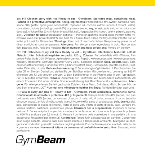 GymBeam FIT Fertigmahlzeit Hähnchen Curry mit Reis - Vollwertige Mahlzeit, hoher Proteingehalt, saftige Hähnchenfilets, mit Kokosmilch und Gemüse, einfach Zuzubereiten, ideal fürs Reisen, 420 g