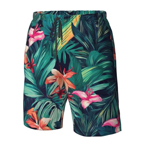 Tropical Floral Leaves Men's Swim Trunks Quick Dry Board Shorts with Pockets Casual Drawstring Beach Shorts4
