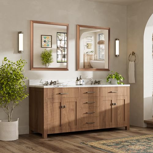 Image of 36x32 Inch Bathroom Mirror for Wall, Anti-Rust Walnut Wood Grain Metal Framed Bathroom Mirrors for Over Sink,Rectangler Mirrors for Bathroom Vanity, Farmhouse, Bedroom, Living Room, Entryway Decor