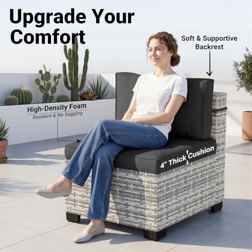 Image of 14-Piece Patio Furniture Set, Outdoor Sectional with Thick Cushions, Modular Patio Sofa, Dual-Strand Wicker Rattan, Rust-Resistant Frame, Backyard Furniture for Garden, Deck, Black