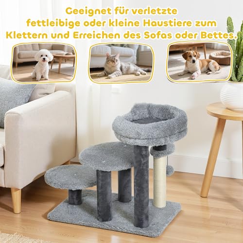 PawHut Katzentreppe 3-stufige Haustiertreppe mit Bett Ball Hundetreppe Tiertreppe für Katzen bis 5 kg Plüsch Grau 60 x 40 x 56 cm