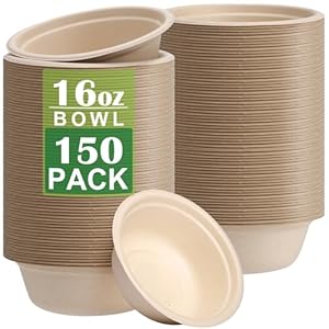 150 Pack Compostable Paper Bowls,16oz Heavy-Duty Disposable Paper Bowls,Natural Wheatstraw Fiber Compostable Bowls,Eco-friendly Disposable Soup Bowls Leakproof & Microwave Safe for Hot or Cold Use