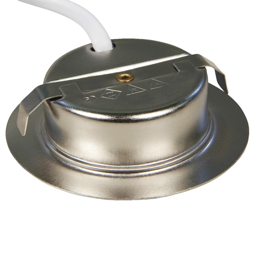 5er Set IP44 LED Einbauspots 12V, flach (22mm), 2,4W, 200lm, Edelstahl-Optik, mit Trafo, Verteiler, 230V-Kabel, Schnurschalter, Weiß (4000K), Ø=72mm, Loch 54-60mm. Ideal für Bad, Küche, Möbel usw.