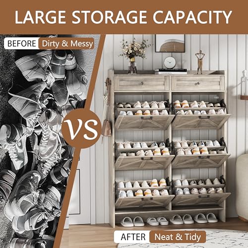 Image of Shoe Cabinet with 6 Flip Drawers & 2 Top Drawers, 57 inch Tall Freestanding Narrow Wooden Shoe Storage Organizer for Entryway, Hidden Slim Shoe Rack for Front Door Entrance, Hallway, Living Room, Grey
