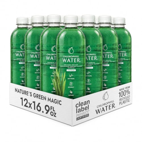 Chlorophyll Water® Clean Label Certified Bottled Water, Plant-Based Vitamin Infused Drink with Chlorophyll, Spearmint &amp; Lemon, Hydration &amp; Wellness Beverage (16.9oz,12-Pack)