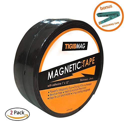 Flexible Magnetic Tape - 2 Pack 1 Inch x 12 Feet Strong Magnetic Strips for Whiteboard with Adhesive Backing - Heavy Duty Sticky Magnets Roll for Dry Erase Board, Classroom, Crafts and DIY Projects