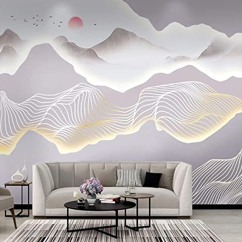 Abstract Mountain Landscape Painting Sun Wall Murals, Modern White Gold Lines Large 3D Custom Wall Sticker Mural Paper, Wall Coverings For Children's Room Dining Bedroom-138"W X 100"H #TOP28