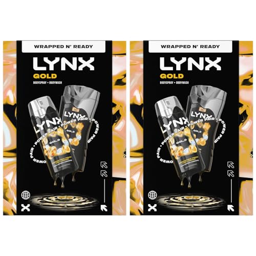 Lynx Gold Duo Gift Set for Him, 2 Pack- Oud Wood and Vanilla Scent, Full-Size Body Wash and Deodorant Spray, 48H Freshness with Zinc Technology, Aluminium Free Grooming Gift for Men