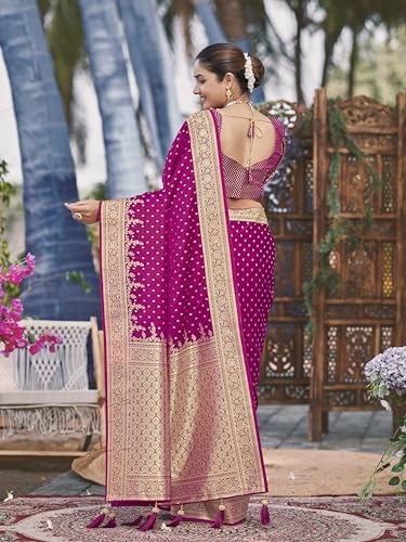 Image of MANOHARI Women's Trendy Banarasi Satin Silk Woven Saree with Heavy Jacquard Work, Elegant Design, Silk Saree with Maching Lace Border Unstitched Blouse Piece for Weddings & Festive Occasions