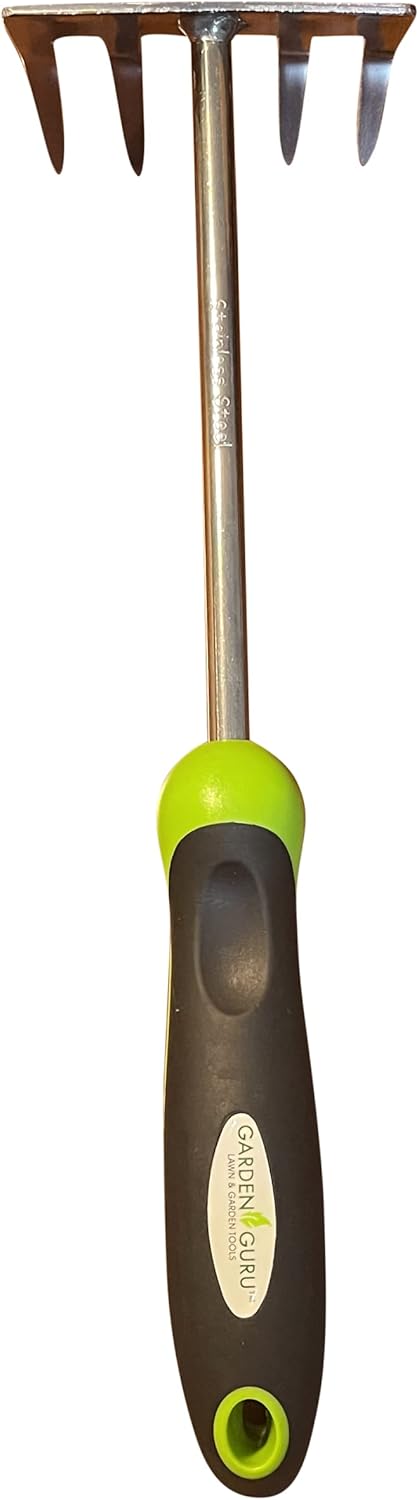 Garden Guru Stainless Steel Hand Rake Cultivator Tiller Tool - Stainless Steel for Ultimate Strength - Rust Resistant - Ergonomic Handle - Gardening Cultivating Loosening Weeding Mulching (4 Pack)