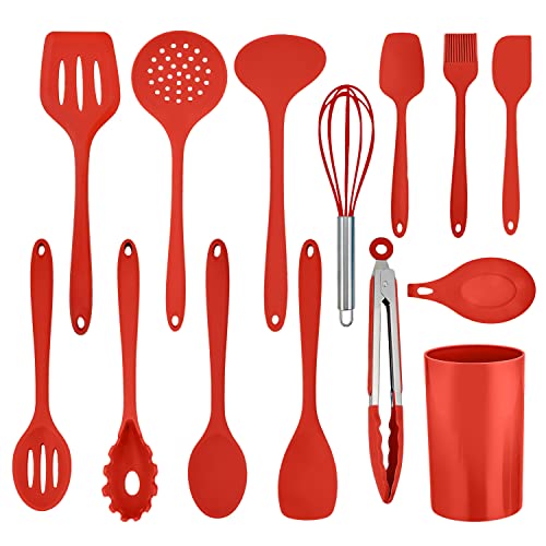 Herogo Juego de utensilios de cocina, 14 piezas, de silicona, con soporte para utensilios, resistente al calor, apto para lavavajillas, color rojo