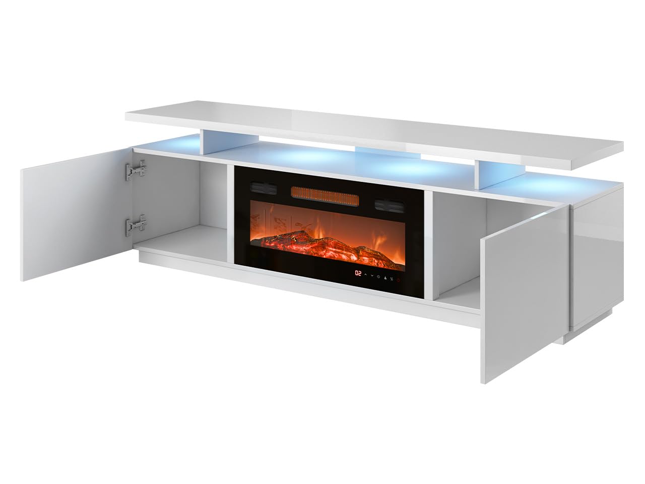 Mirjan24 Lostino - Armadio TV con camino elettrico LED, fiamma reale, fornello di cristallo, riscaldamento TV LED (Low board)