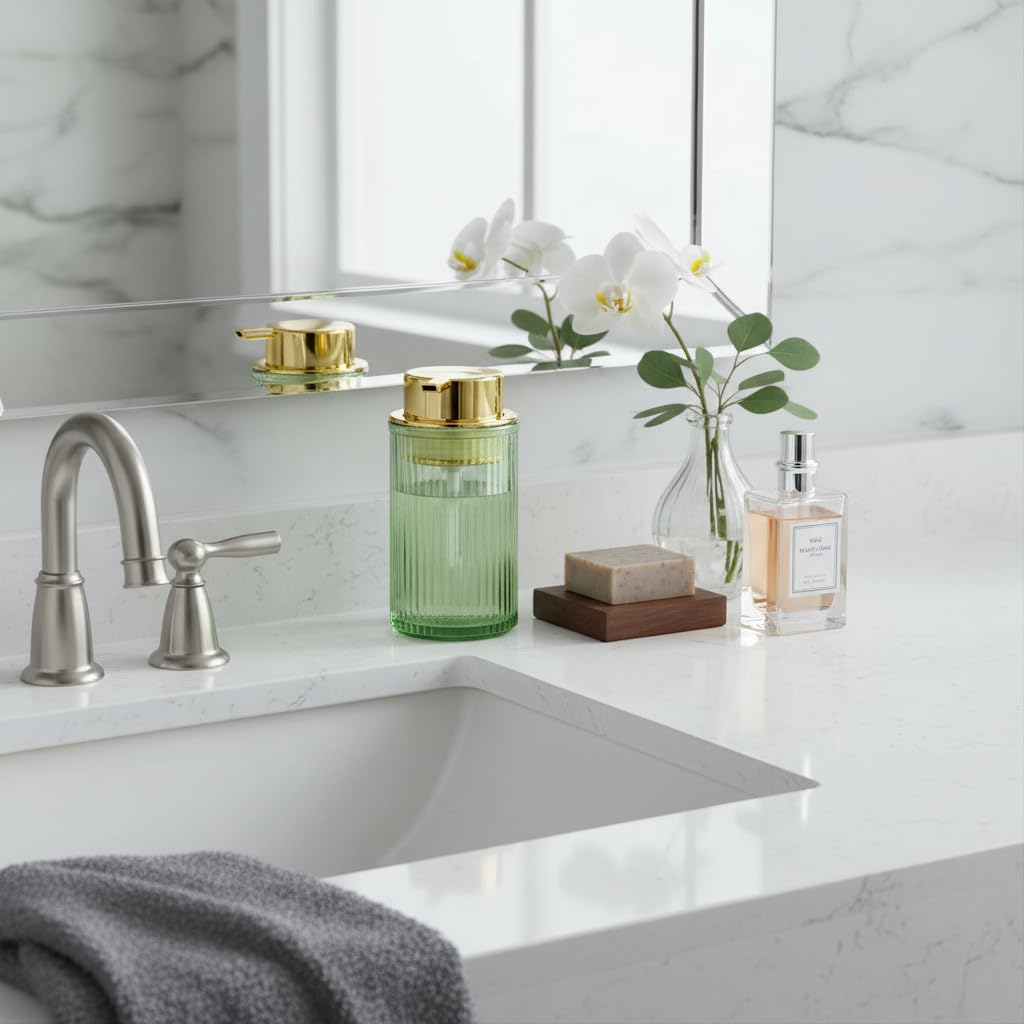 Schaumseifenspender, Badezimmer, grünes Glas, Schaumseifenspender, nachfüllbar, 340 ml, Schaumpumpenbehälter mit Goldener Pumpe, dekorativer schlanker Gerippter Spülseifenspender für Küche