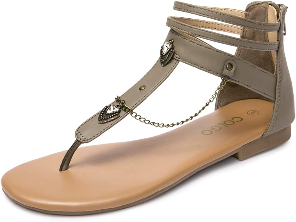 Thong Flat Sandals with Chain, Ankle Strap Zip Closure Flat Sandals, Women's Casual Sandals for Summer Party