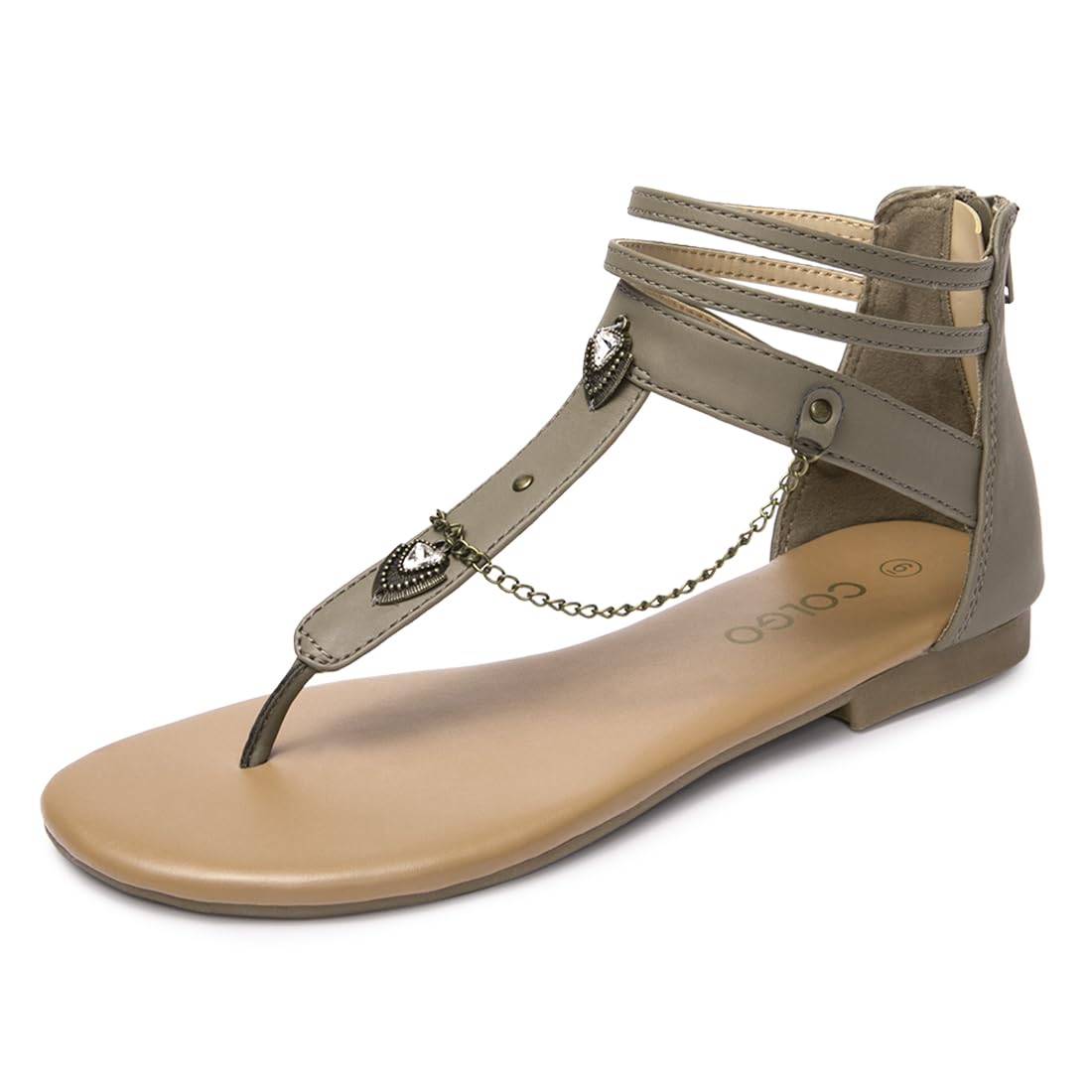 ColgoThong Flat Sandals with Chain, Ankle Strap Zip Closure Flat Sandals, Women's Casual Sandals for Summer Party