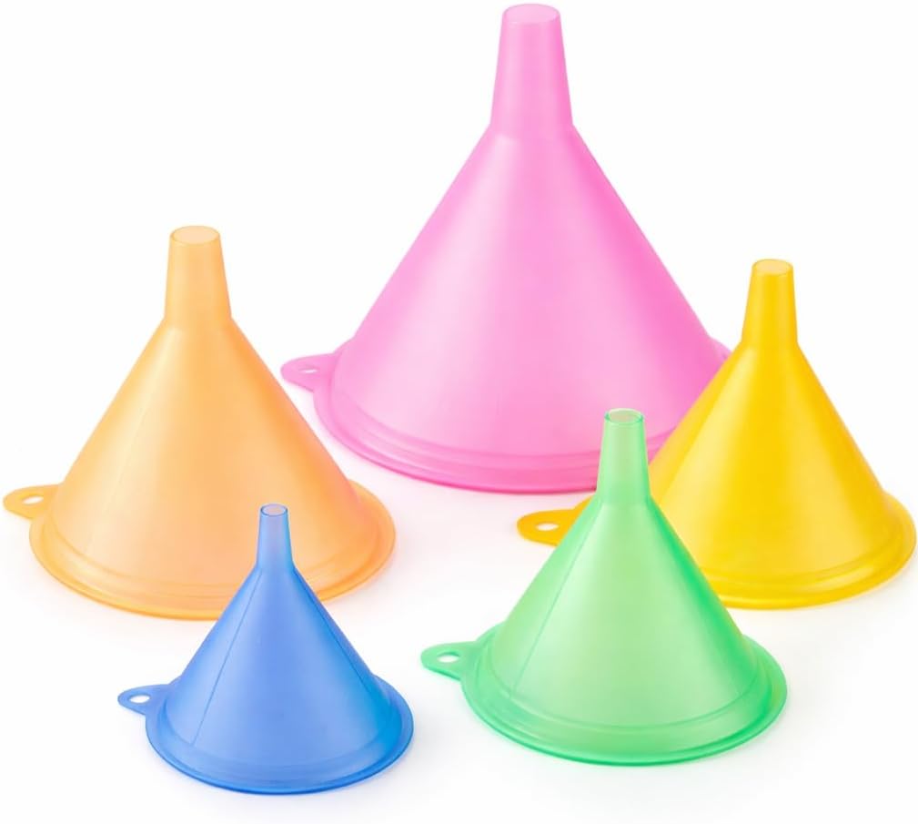 iSnuff Kitchen Funnel Set with 5 Sizes, Small to Large Plastic Cooking Funnel with Narrow Spout for Filling Bottles, Jars, Bowls, Spices, Powder Funnels, Essential Oils