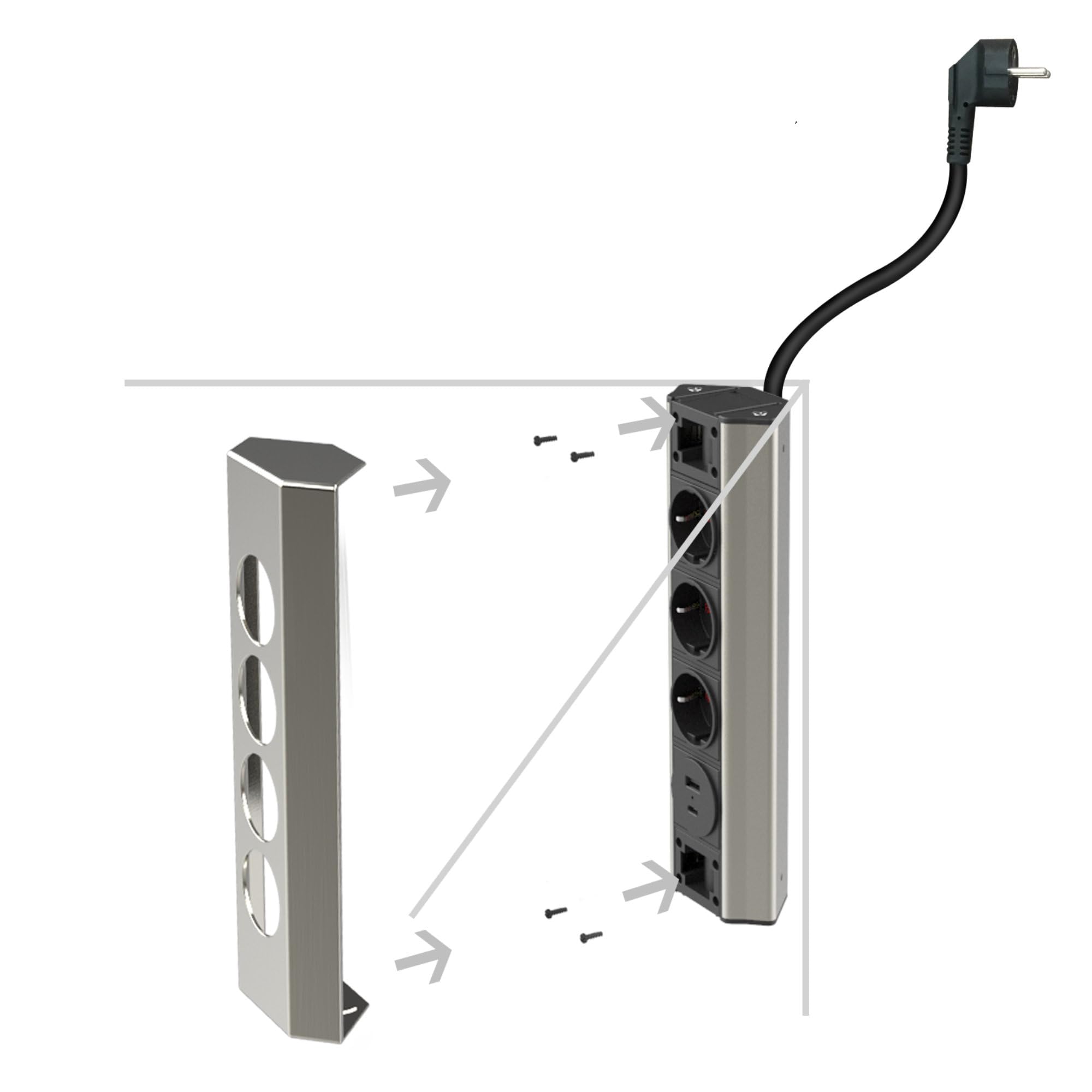 Kalb - Multipresa angolare in acciaio inox, multipresa triangolare per equipaggiare, 3 prese AC 230 V, 1 presa con caricatore USB da 15,5 W, tipo A+C, spina di contatto di protezione UE