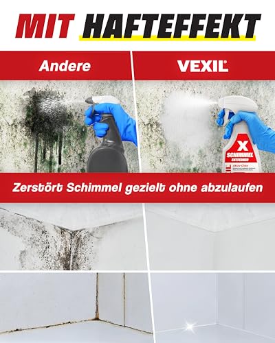 VEXIL Profi Schimmelentferner für Wand, Bad, Fliesen, Fugen & mehr – mit AKTIV-CHLOR und HAFTEFFEKT – Extra starkes Schimmelspray – auch als Fugenreiniger geeignet – 500 ml – Made in Germany