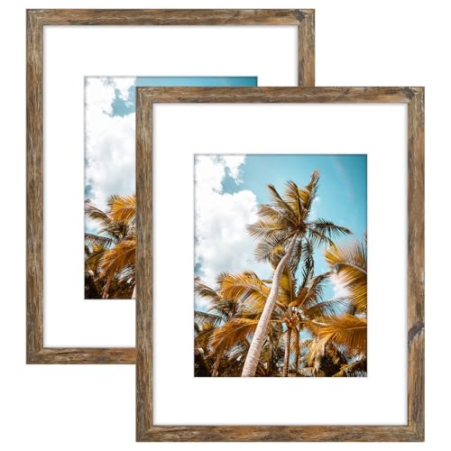 Image of Frametory, 16x20 Picture Frame With Mat for 11x14 Picture - High Definition Glass Wide Molding - Preinstalled Wall Mounting Hardware (Rustic Brown, 2 Pack)
