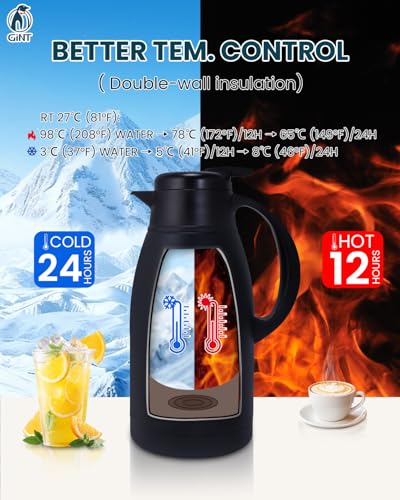Image of GiNT Stainless Steel Thermal Coffee Carafe, Double Walled Vacuum Water and Beverage Dispenser, 12 Hour Heat Retention, 65 OZ /1.9 Liter Black