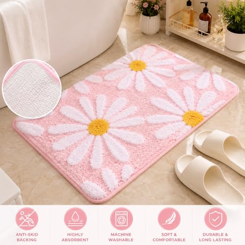 Image of Cotton Floral Door Mat | Water Absorbent, Anti-Skid, Machine Washable Floor Mat | Soft Microfiber Carpet for Home, Living Room & Bedroom | Premium Decorative Mat (Pink, Rectangular)