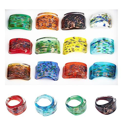 UNICRAFTALE 12pcs Colorful Glass Rings 17~19mm Inner Handmade Sand Lampwork Wide Band Ring Dome Knuckle Finger Ring Retro Glass Mixed Color Transparent Vintage Jewelry Party Handmade Gift