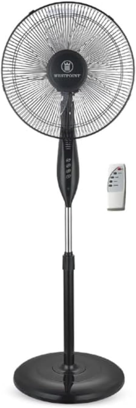 Westpoint Pedestal Stand Fan with Remote Control, 16 inch, 3D Oscillation Directions, 3 Speed Levels & Adjustable Height, 5 Leaf Blade, Best for Home & Office, BLACK WSUS-1619RCN