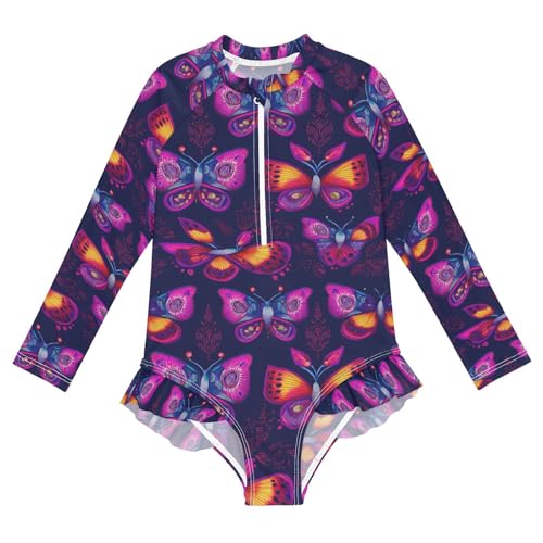 ALAZA Neon Butterfly Black Girls One Piece Swimsuit Long Sleeve Rash Guard Swimsuits UV 50+ Swimwear Zipper