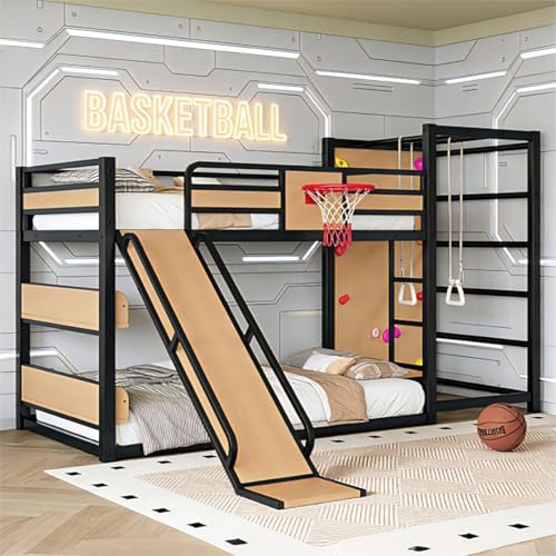 Image of Bellemave Full Over Full Bunk Beds for Kids with Slide, Basketball Hoop & Climbing Wall, Heavy Duty Metal Full Size Bunk Bed with Guardrails, Low Bunk Bed for Bedrooms, No Box Spring Needed, Yellow