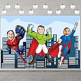 Superhero Photo Banner Backdrop Background Large Hero Face Photo Booth Props Pretend Play Party Game Superhero Theme Decor for 1st Birthday Party Baby Shower Favors Supplies Decorations