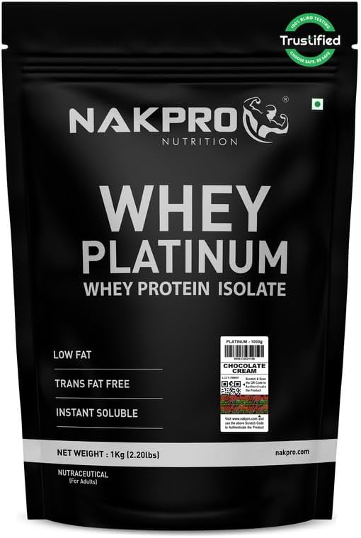 NAKPRO NUTRITION Platinum Whey Protein Isolate | 1kg Chocolate Cream | 28g Protein| Trustified Certified
