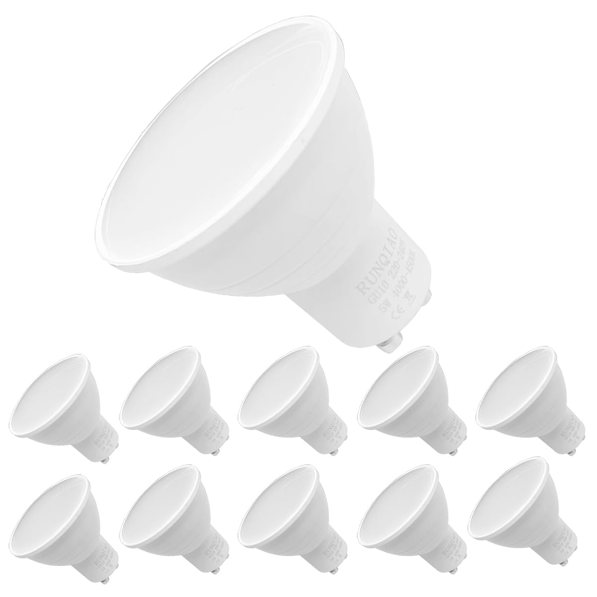 RunQiao GU10 Energy Saving LED Bulb, 5W High Power LED Spot Lights, for Ceiling 50W Halogen Bulbs Equivalent, AC 220-240V, Pack of 10 Warm White, 5W 120° Beam Angle