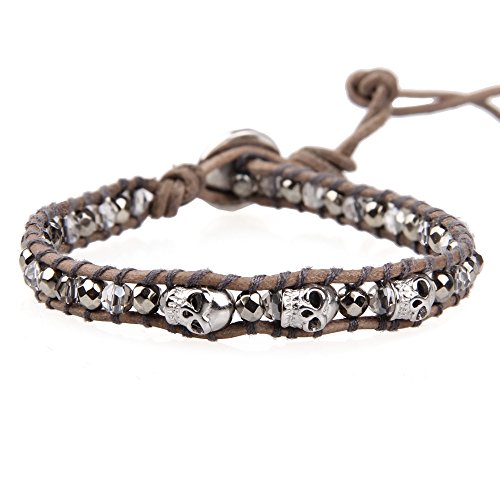 Image of KELITCH 925 Silver Skull Bracelets Wrap Bracelets Women Crystal Beaded Bracelets on Natural Leather