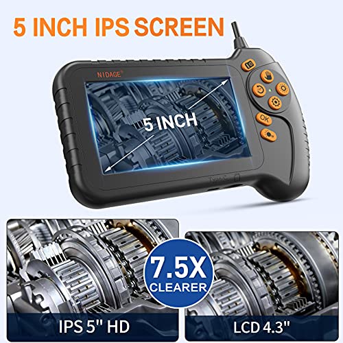 Inspection Camera Borescope With 5" Ips Screen Nidage 5.5Mm Automotive Industrial Endoscope 1080P Hd Snake Camera With Light, 16.5Ft Semi-Rigid Cable, 32Gb Card, Case, Waterproof Drain Camera #TOP1