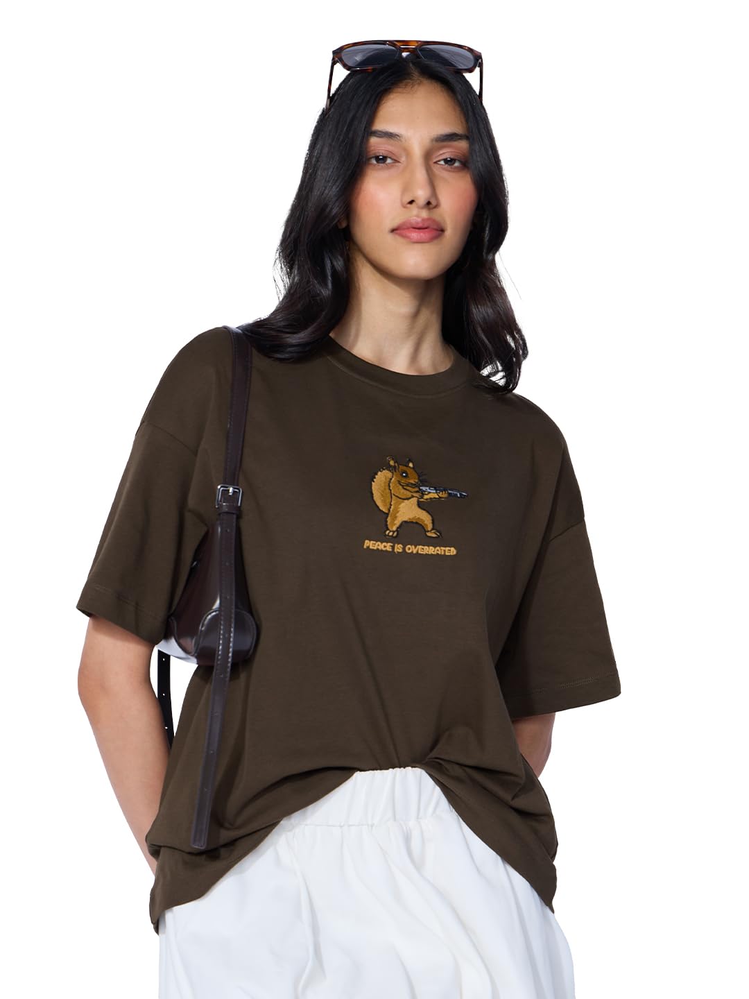 the souled store Oversized T-Shirt: Peace is Overrated Women and Girls Short Sleeves Round Neck Brown Embroidered Cotton Oversized T-Shirts-picture-21