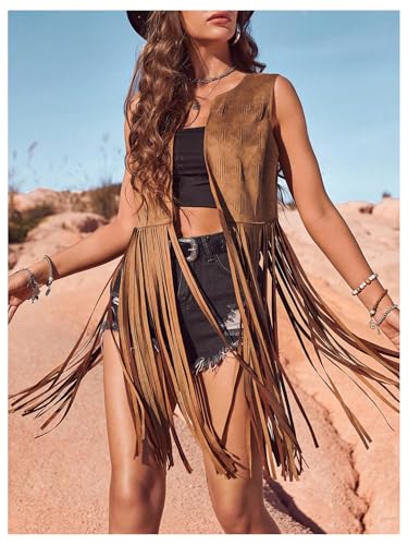 Women's Fringe Vest Sleeveless 70s Hippie Faux Suede Trim Western Cowgirl Tassel Jacket Cardigan2