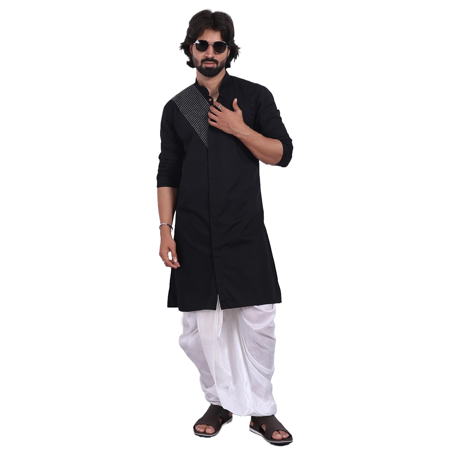 Vero Moda Men's Cotton Knee Length Straight Kurta | Side Slits | Mandarin Collar (IFK102-B) in neutral