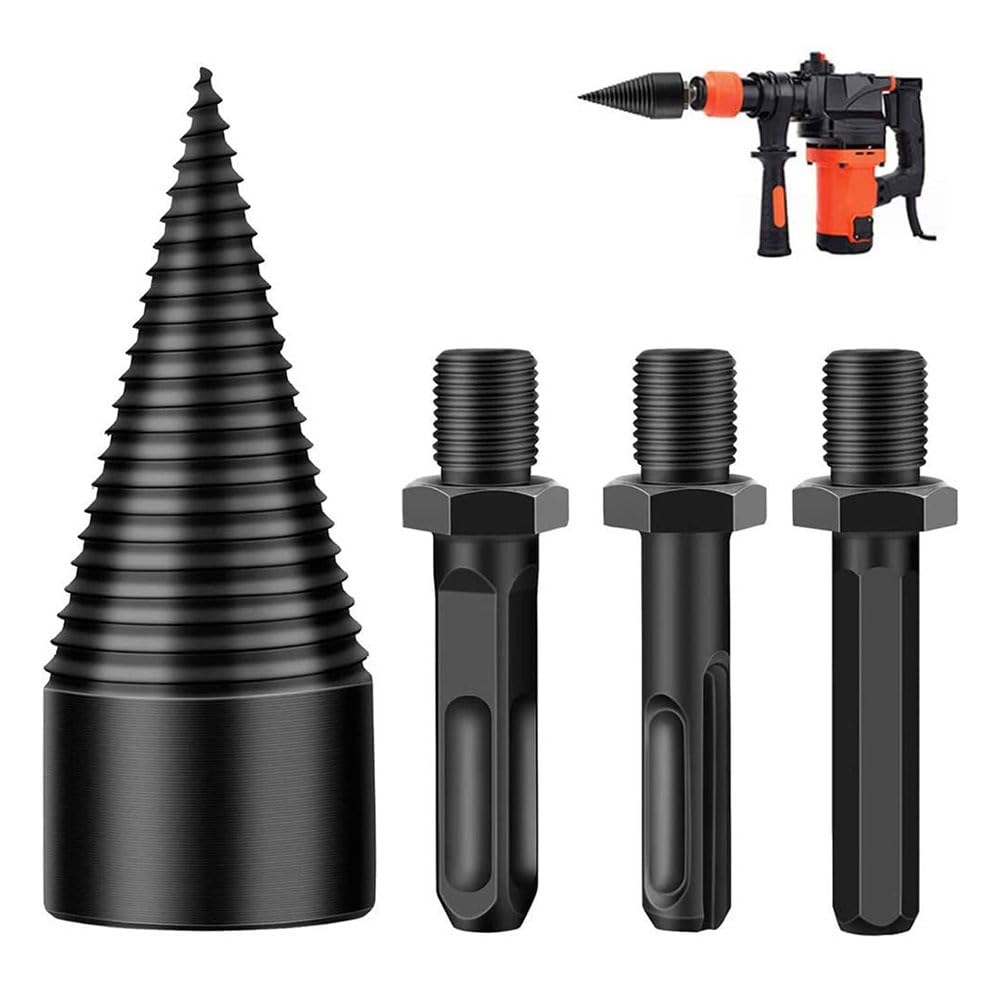 JZS Firewood Log Splitter, 3pcs Drill Bit Removable Cones Kindling Wood Splitting logs bits Heavy Duty Electric Drills Screw Cone Driver Hex + Square + Round 32mm,Black