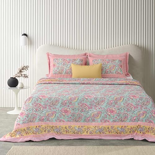 Image of ElanorHomes 240 TC Cotton Double King Size Bedsheet | Ultra-Soft & Skin-Safe | Breathable Summer Comfort | 93x108 inches with 2 Pillow Covers (Petal Symphony)