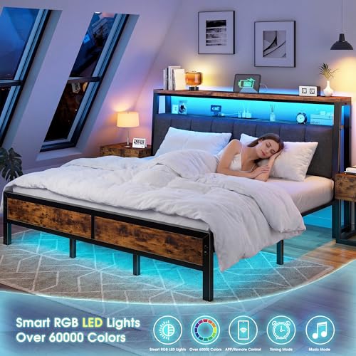 Image of Homkdom King Bed Frame,Upholstered Storage Headboard,Charging Station,Brown | LED Linghts, 12 inch Under-Bed Storage,2AC Outlets&1USB-C&1USB-A,Noise-Free,Quick Assembly,Supports up to 1100 lbs