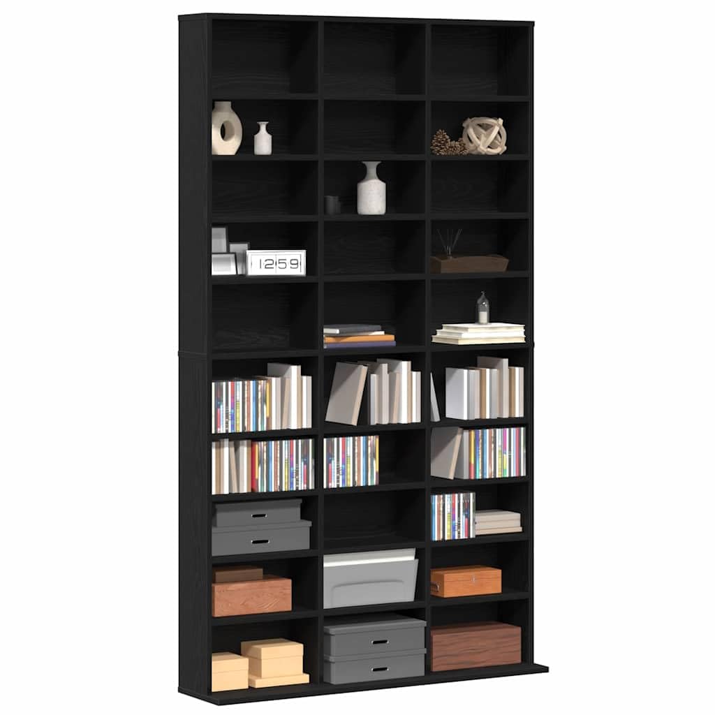 Mobile per CD con mensola, colore nero, effetto quercia, 101 x 23 x 177,5 cm, moderno armadietto multimediale per CD e DVD con ampio spazio di archiviazione, robusta soluzione di conservazione