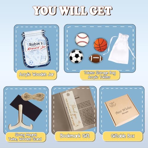 Image of Personalized Sports Magnetic Reward Jar for Kids, Potty Training Toddlers | Wooden Positive Behavior Tool with Acrylic Sports Tokens, Classroom Reward Jar, Back to School Gifts, Class & Home Decor